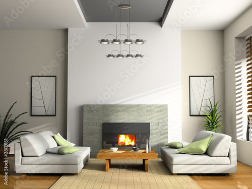 home interior with fireplace and sofas 3d rendering