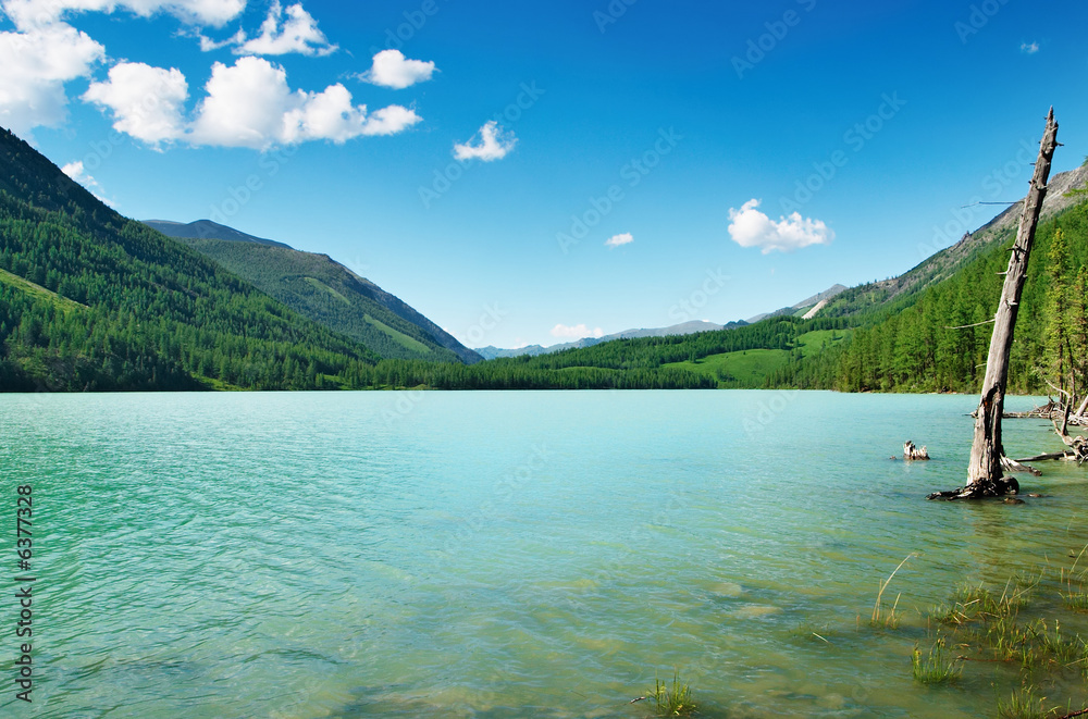 碧绿的湖水和蓝天构成的山景