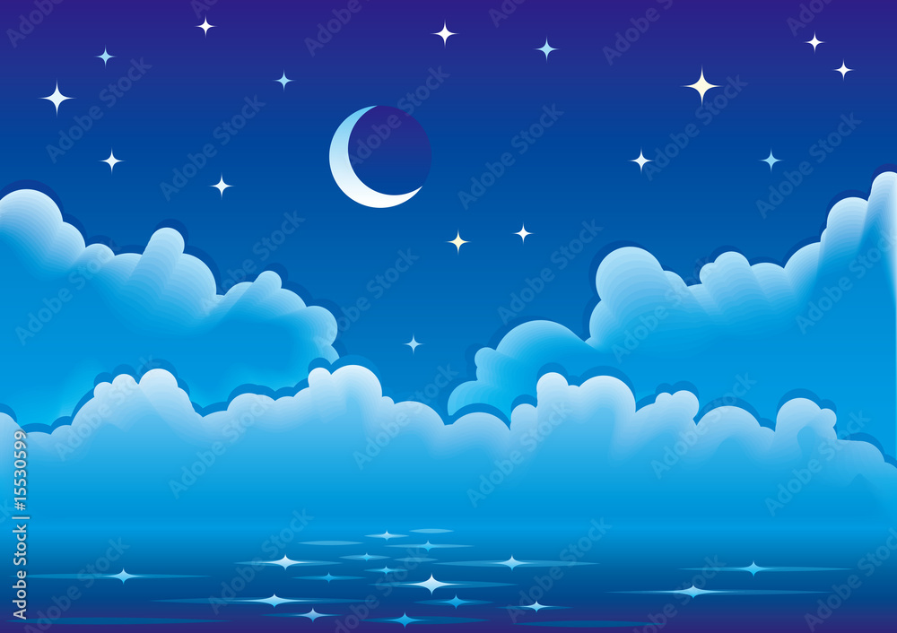 云、月、星的矢量夜景