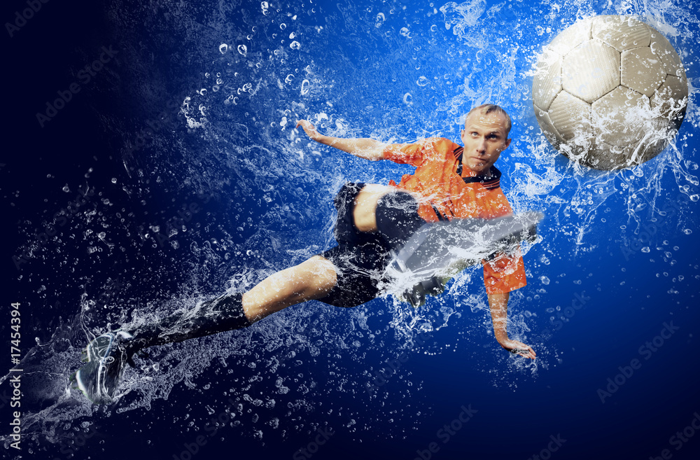Water drops around football player under water on blue backgroun