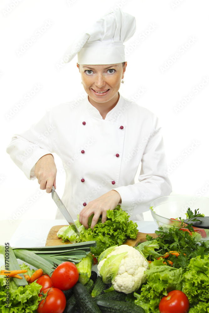 迷人的女厨师，白色背景