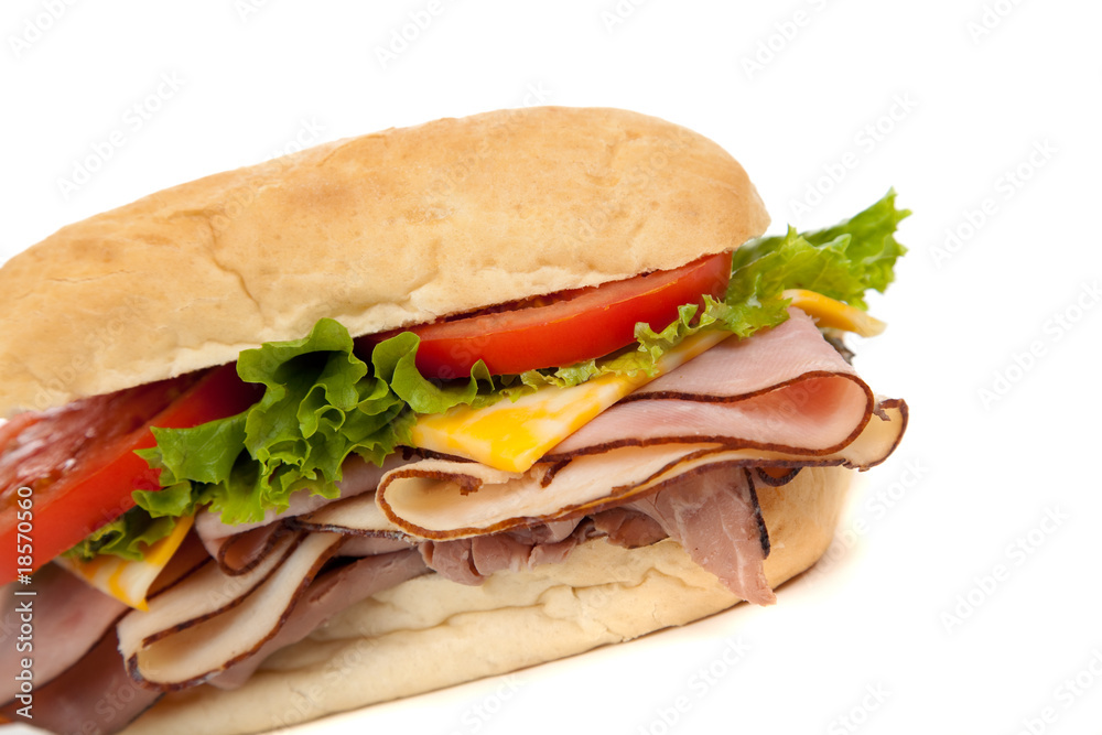 Assorted meat sandwich with fixings on a hoagie
