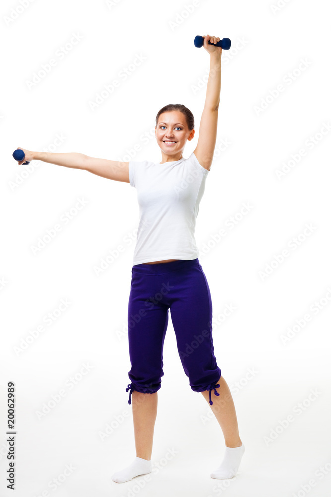 Happy young woman exercise with dumbbells