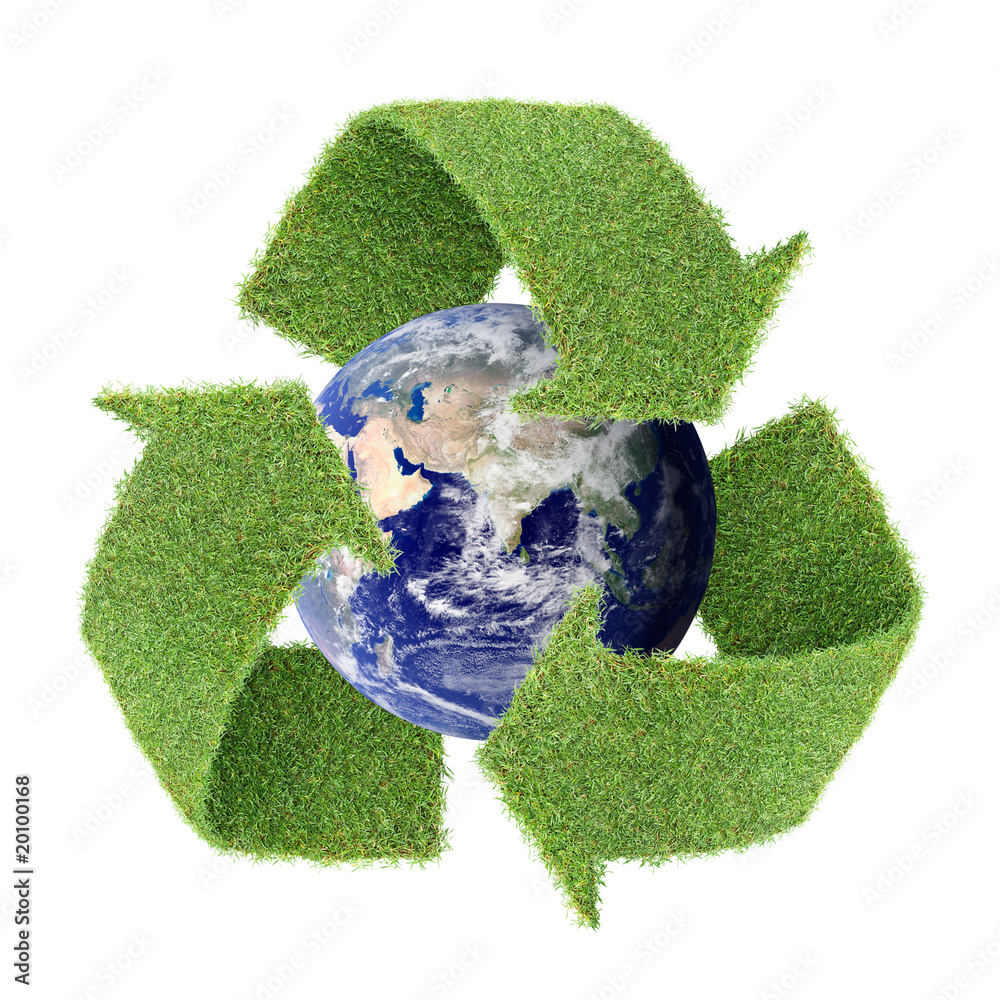 real grass recycle symbol with globe