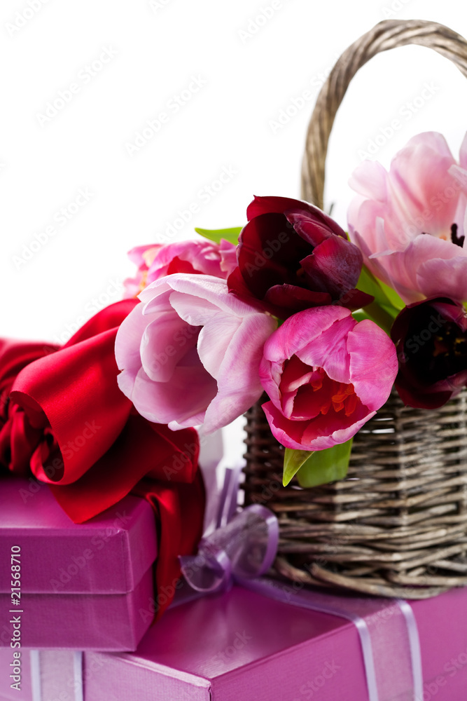 Pink tulips and gift boxes