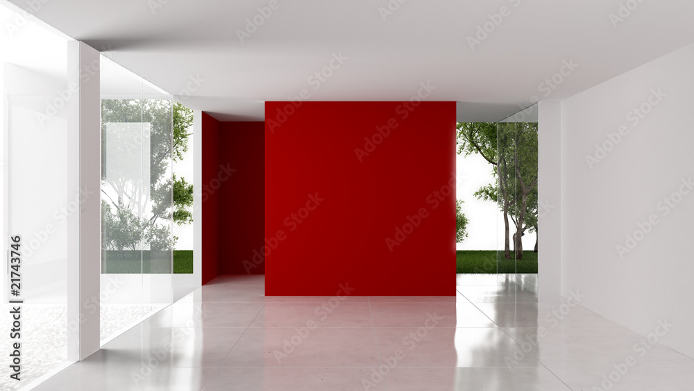 A red wall in a white designet ambience