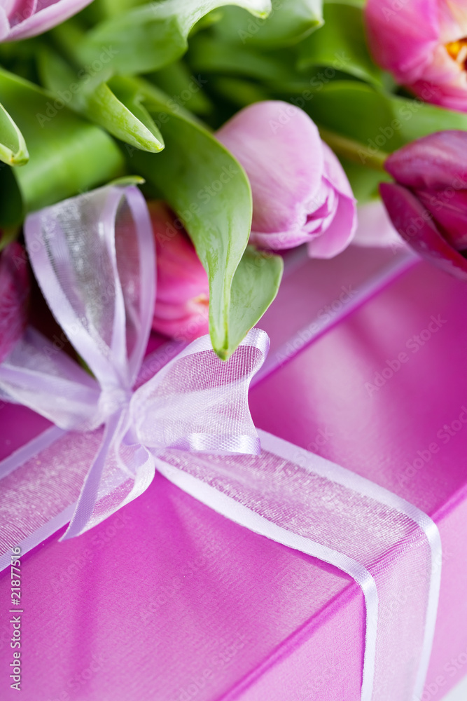 粉色郁金香和礼盒
