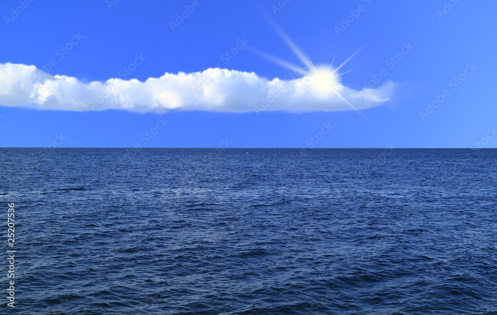 blue sky with white clouds, sun and sea