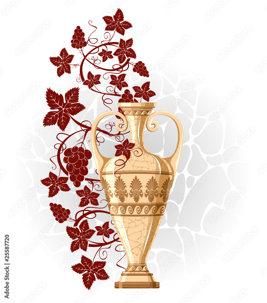 Antique amphora with grapes and leaf