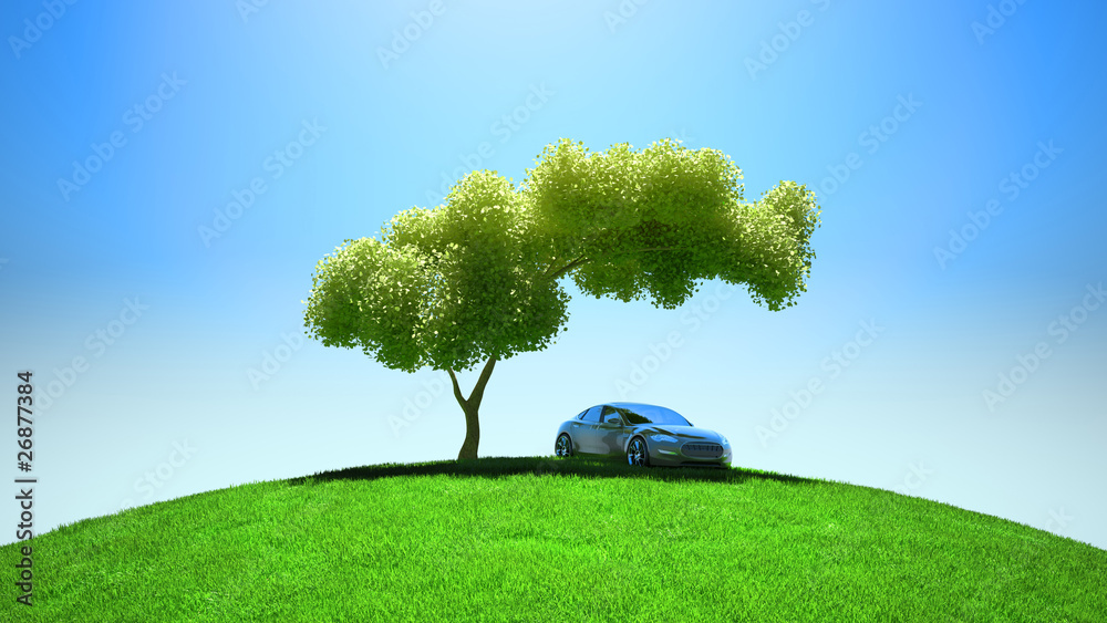 绿色田野上树下的现代汽车