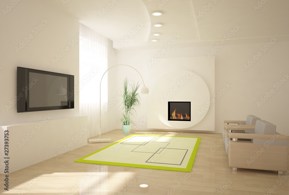 white interior composition with fire