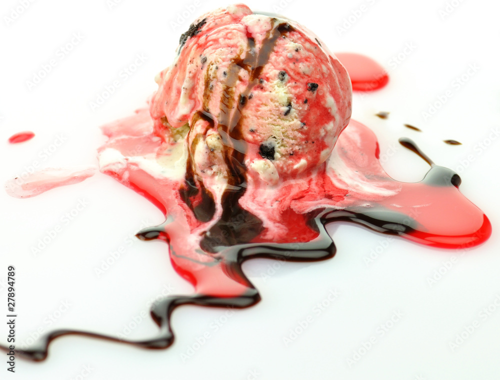 ice cream scoop with chocolate and strawberry topping