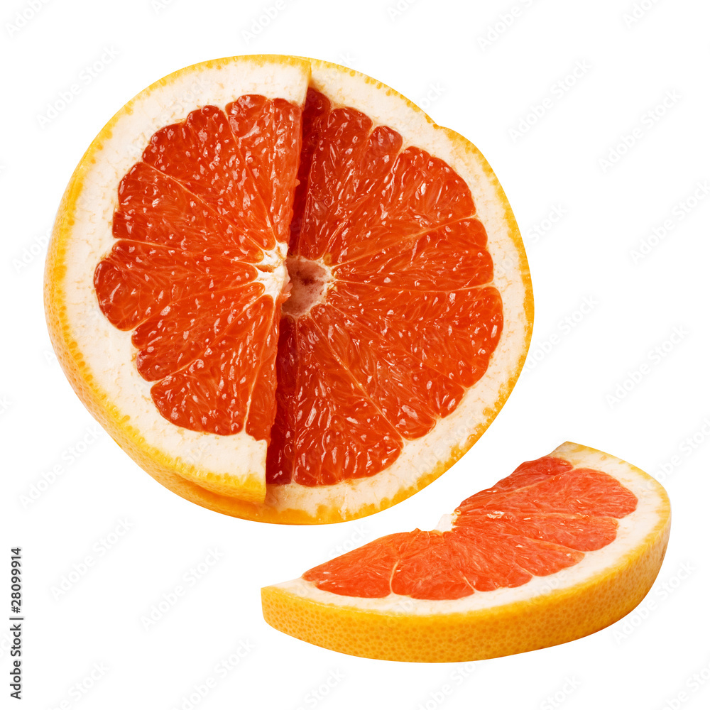 Grapefruit with slice detail on white background.