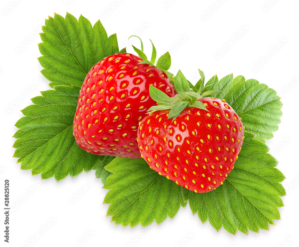 Isolated berries. Two strawberries on leaves isolated on white background