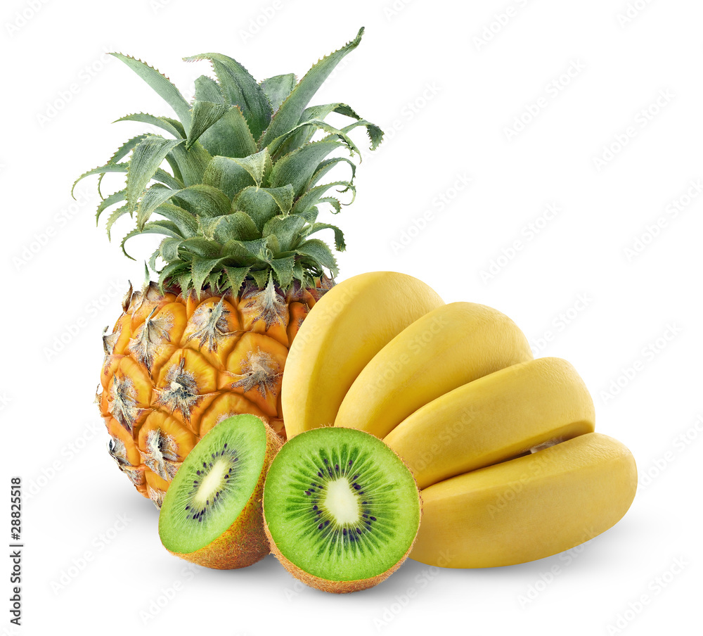 隔离的热带水果。香蕉、猕猴桃和菠萝隔离在白色背景上