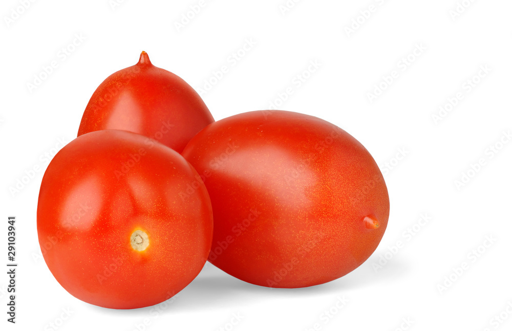Isolated tomatoes. Three fresh plum tomatoes isolated on white background
