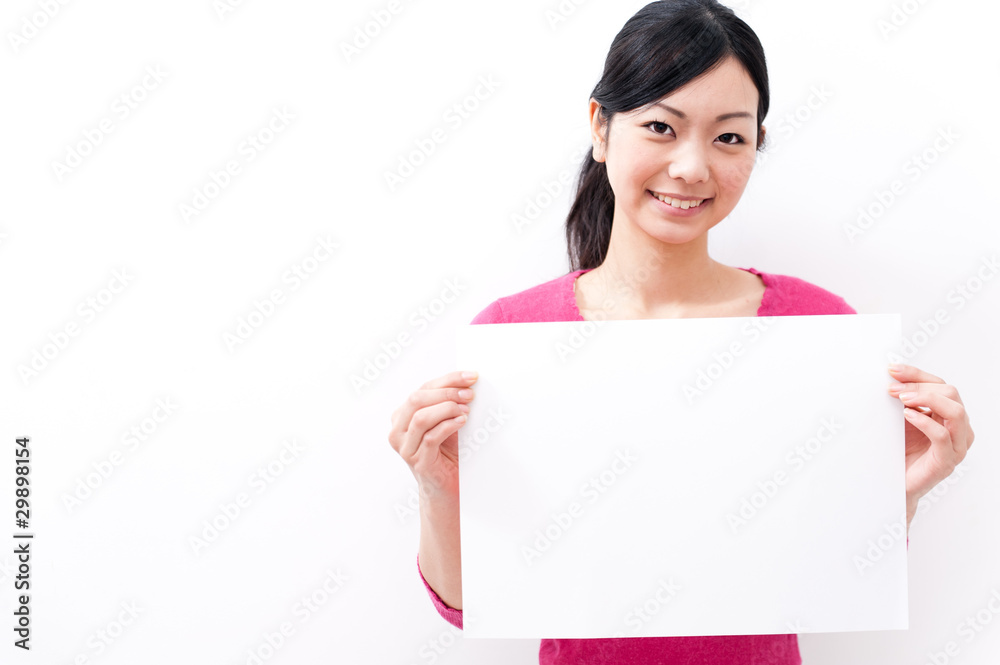 beautiful asian woman holding blank whiteboard
