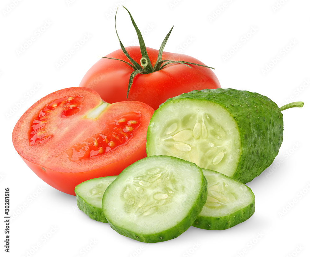 Isolated salad components. Fresh vegetables (sliced tomatoes and cucumber) isolated on white backgro