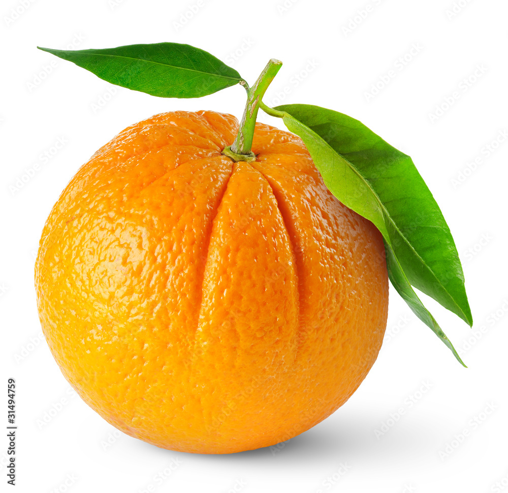 孤立的橙色。单一的橙色果实，叶子孤立在白色背景上