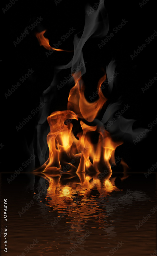 Fire flame with water reflection