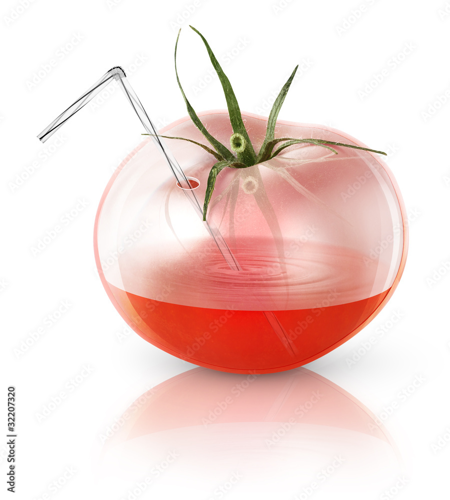 透明番茄，白色背景下分离的新鲜番茄汁概念图
