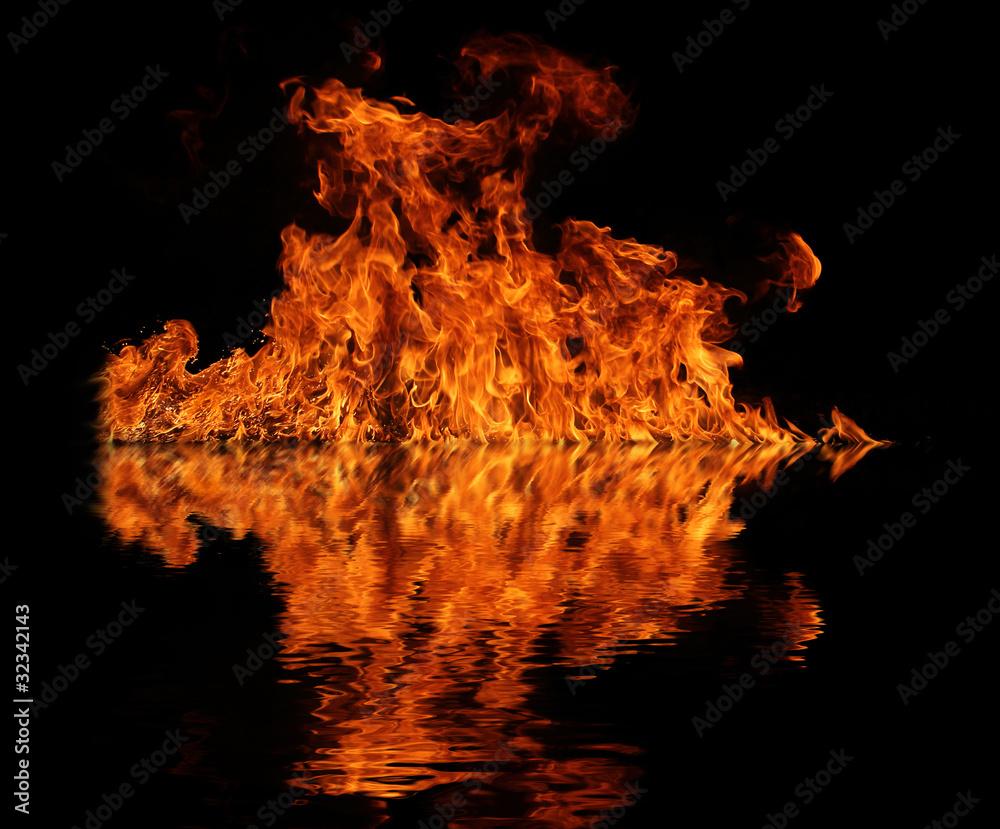 Huge fire flame with water reflection