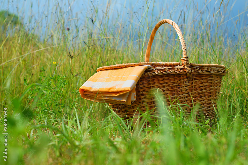 草地上的野餐篮