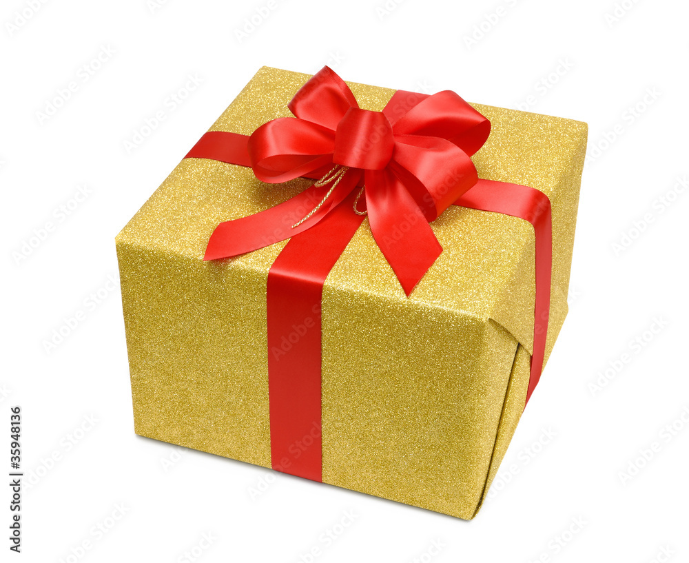 Goldene Geschenkpackung mit roter Schleife
