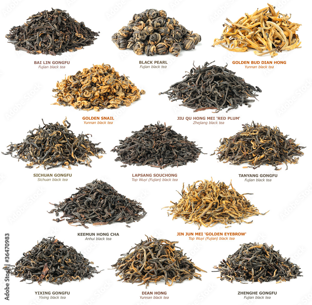 隔离茶。成堆的不同著名的中国红茶品种（也称为红茶）被隔离