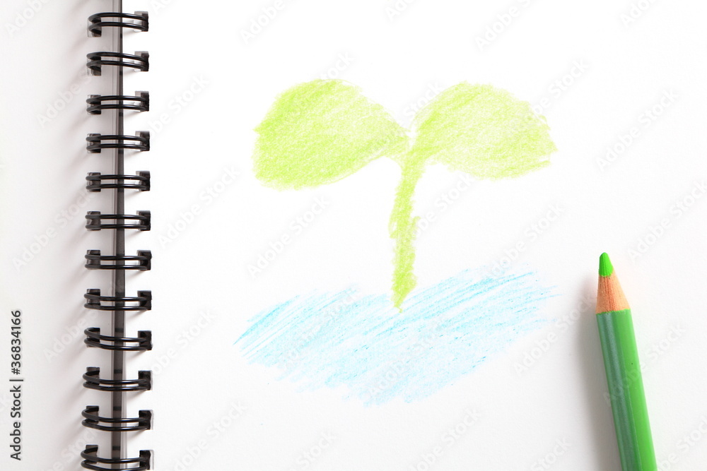 笔记本（带绿色树苗）和绿色铅笔