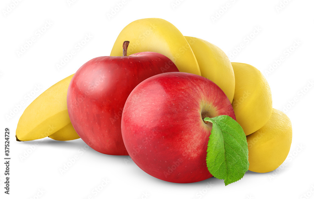 Isolated fruits. Fresh banana and red apple fruits (baby food ingredients) isolated on white backgro
