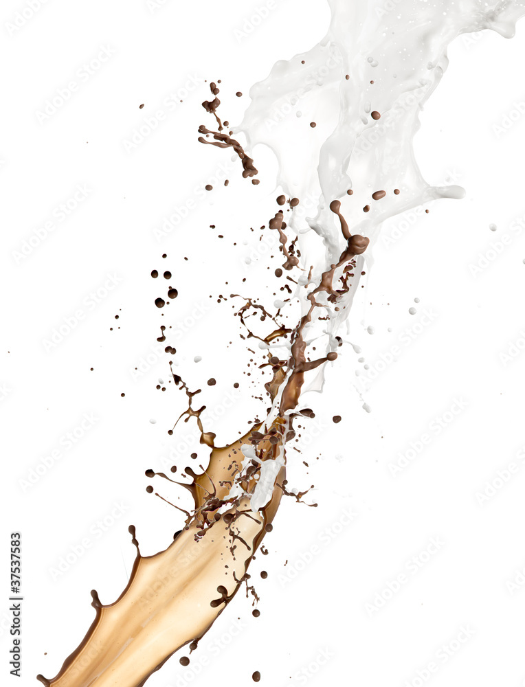 巧克力和牛奶飞溅，白色背景隔离