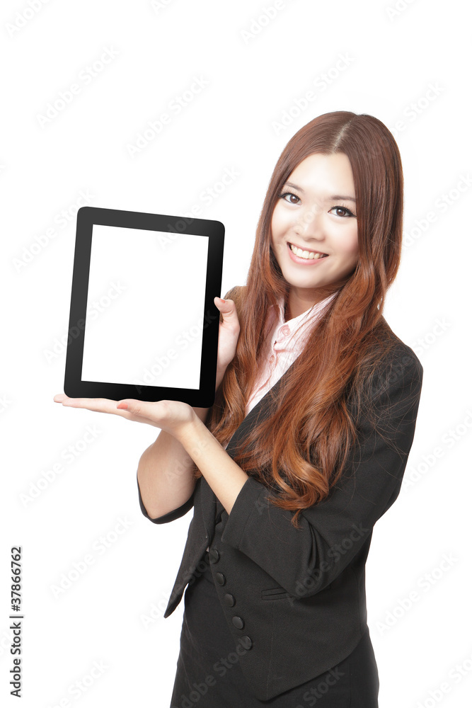 商务女性微笑展示平板电脑