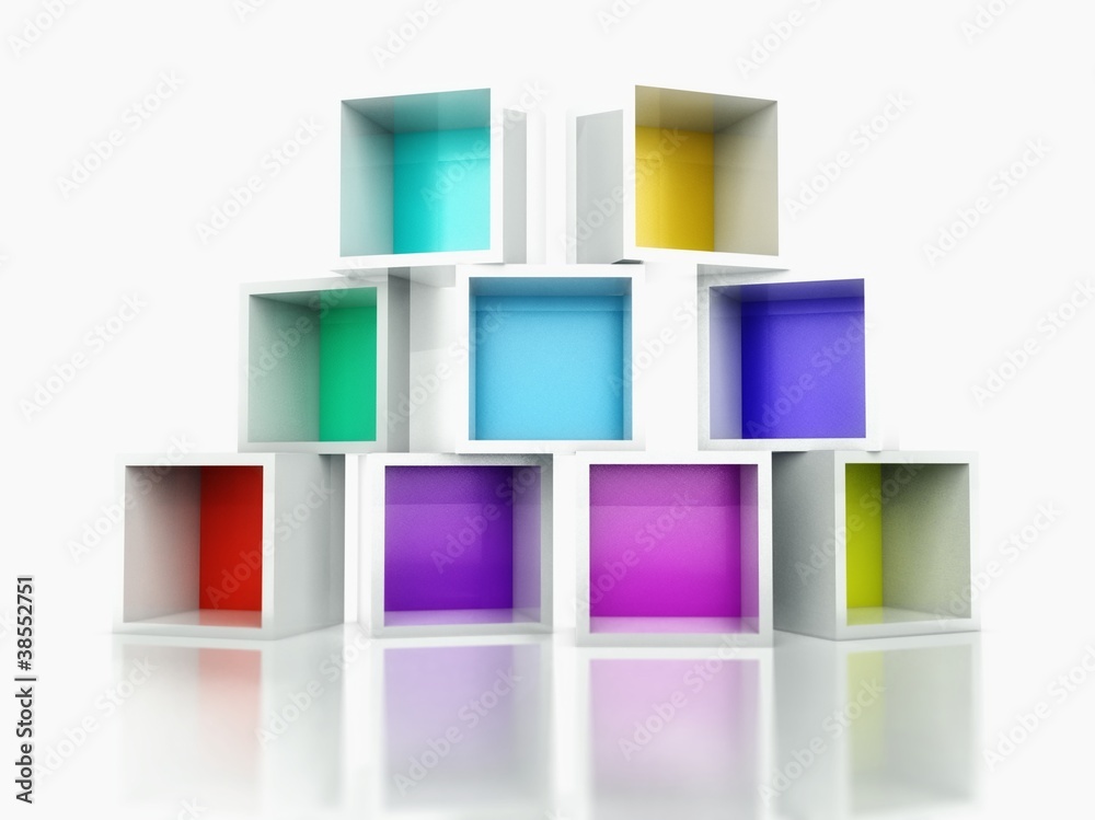 3d空的彩色书架堆叠