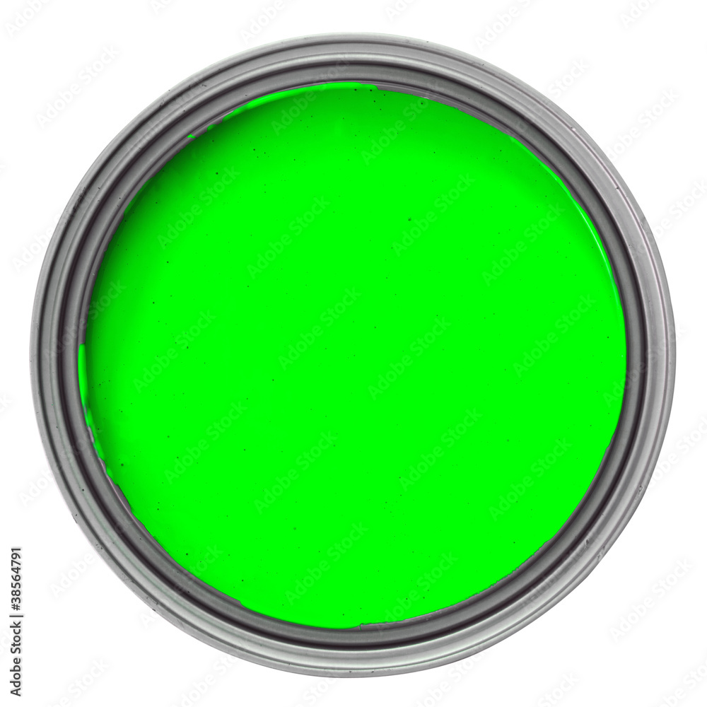 绿色油漆罐，带剪裁路径的俯视图