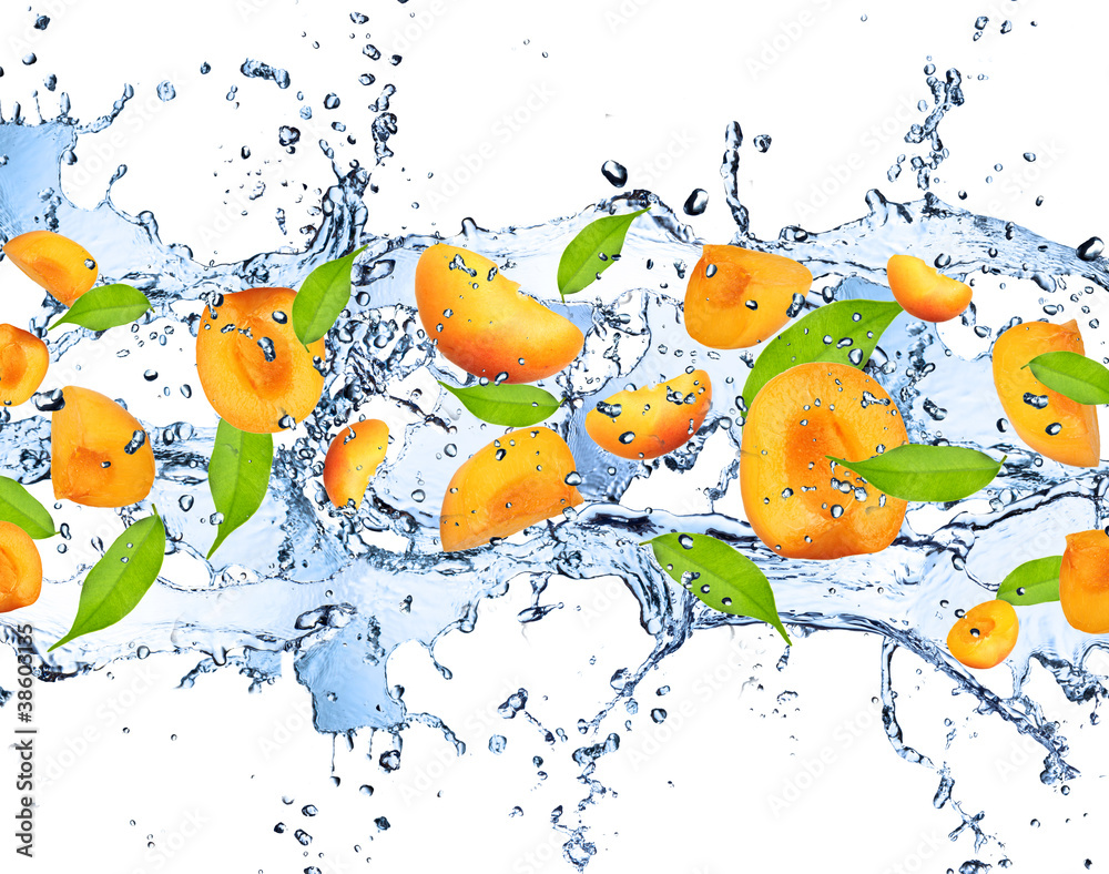 Fresh apricots in water splash,isolated on white background