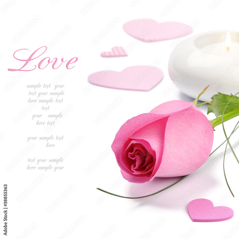 粉色玫瑰和蜡烛。情人节套装