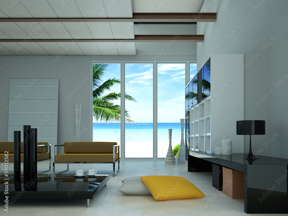 现代客厅，热带海滩上有窗户。