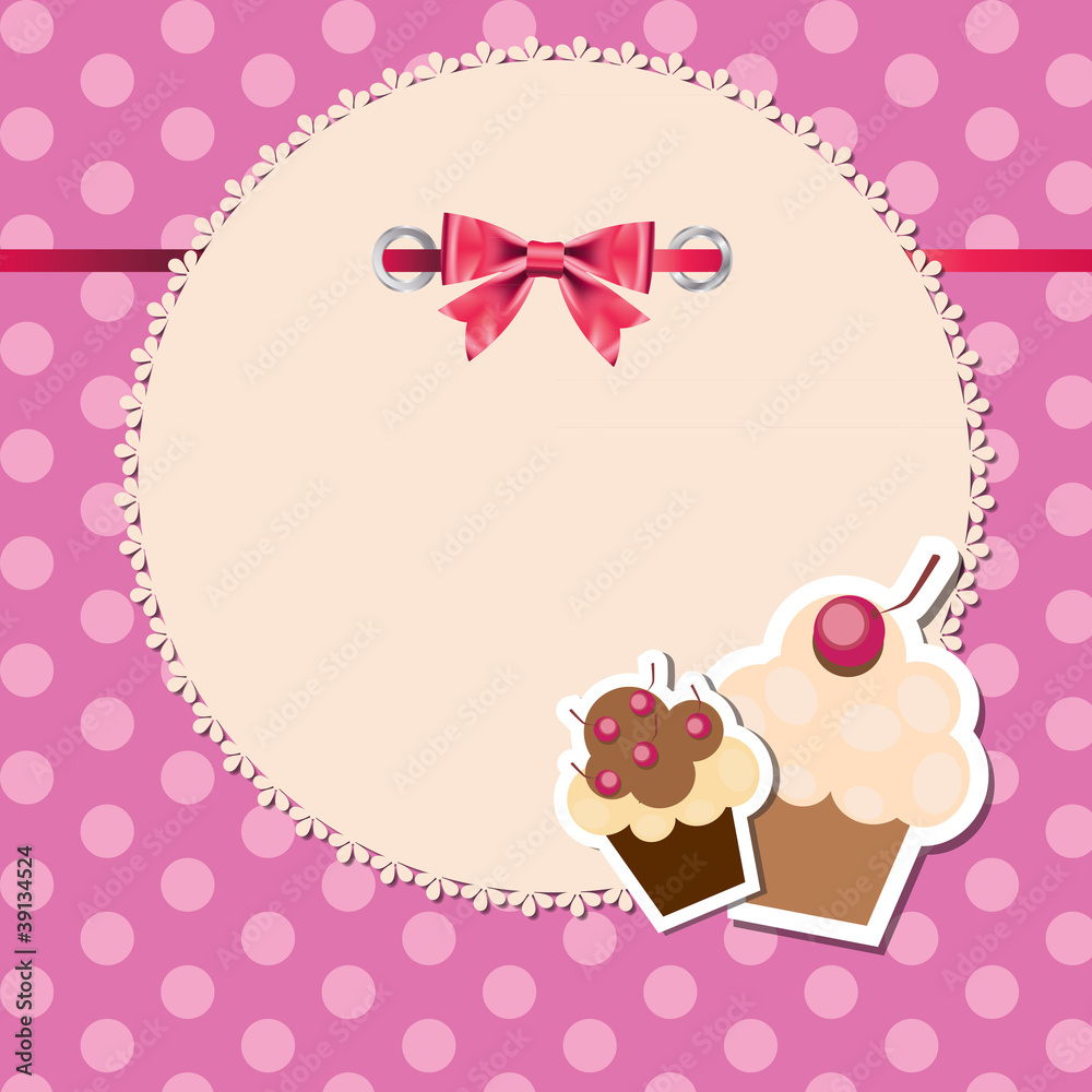 vintage frame wit bow and cute cupcakes vector illustration