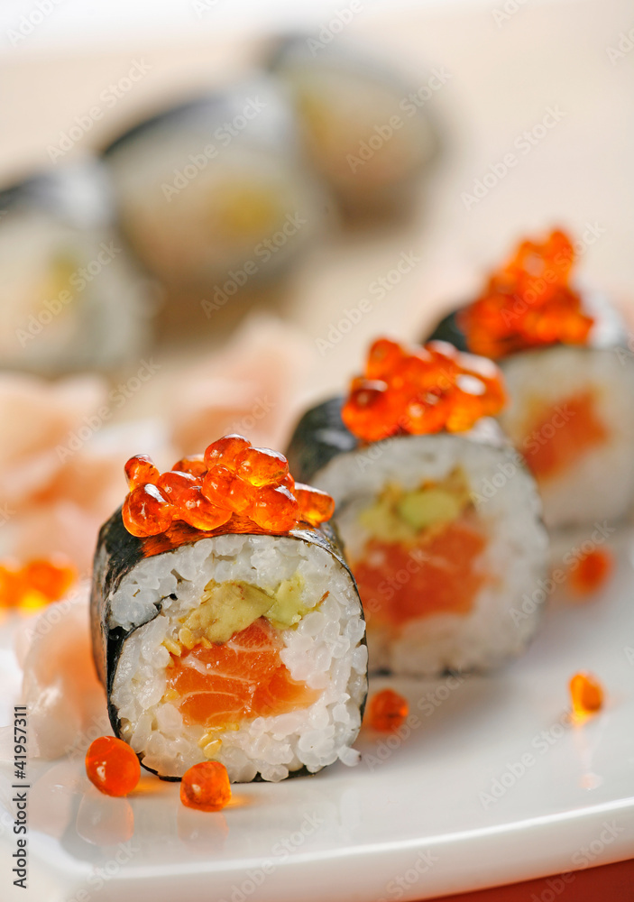 sushi with salmon and red caviar