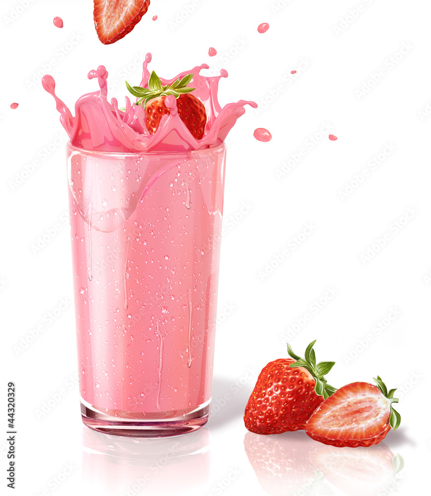 草莓溅到奶昔杯里，还有两个