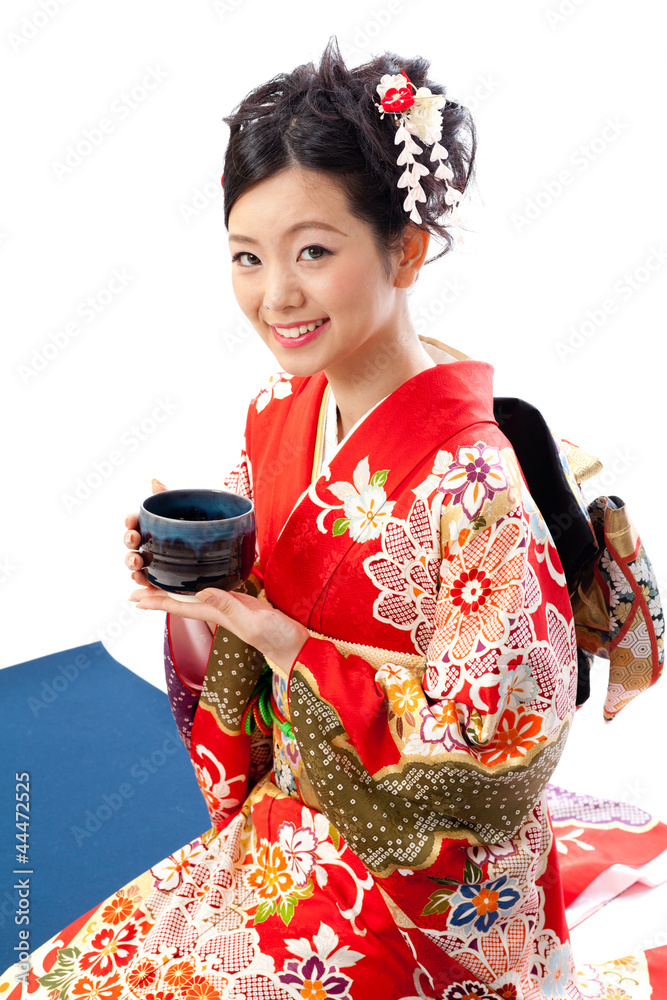 japanese kimono woman having japanese tea