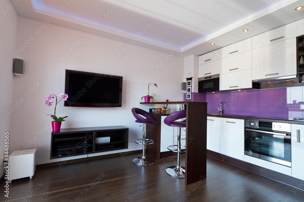 带紫色厨房内部的现代客厅