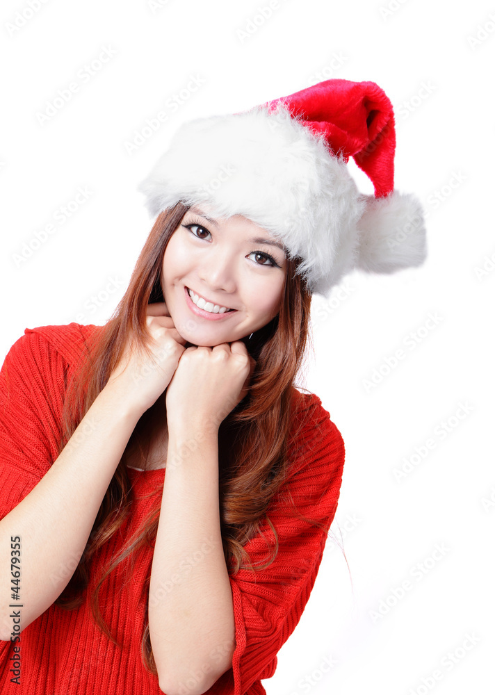 快乐女孩戴着圣诞帽微笑