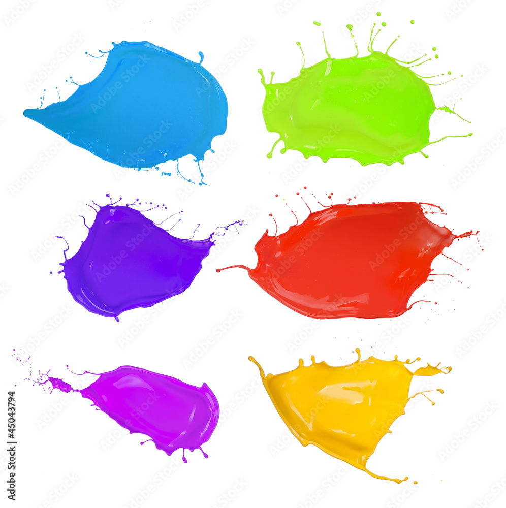  Shot of colored paints splashes blobs on white background