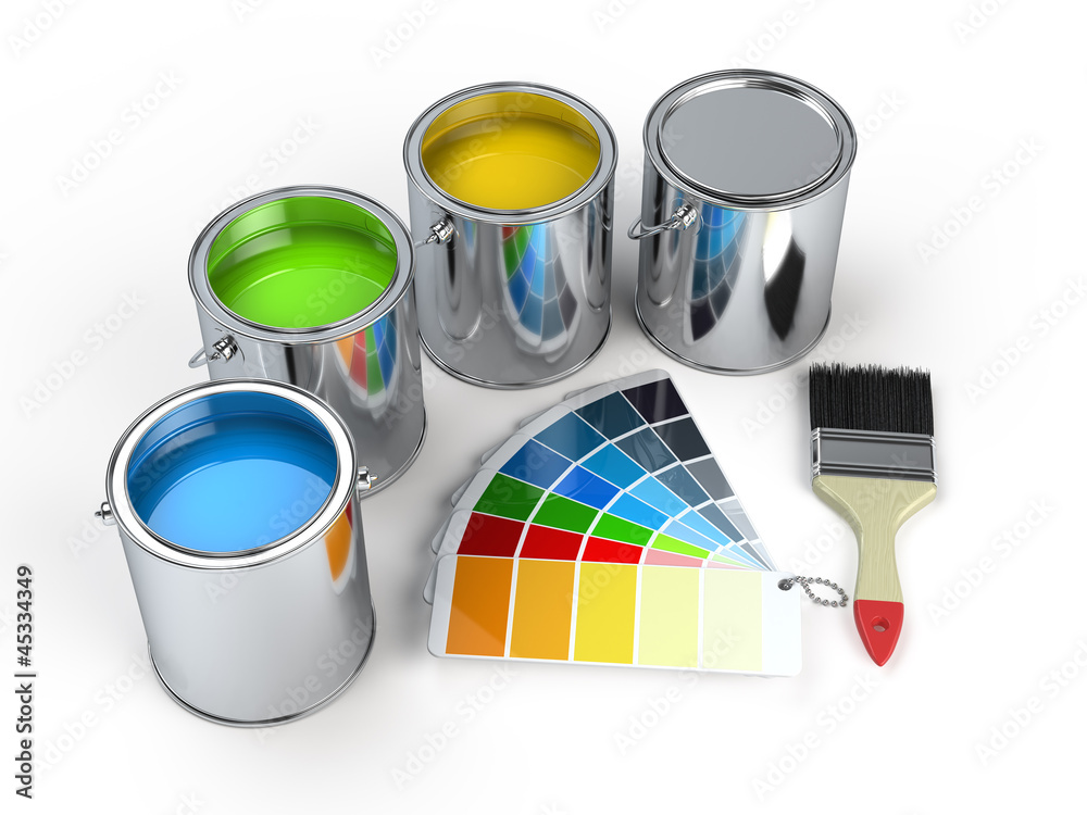 Paint cans with brush and Pantone color guide