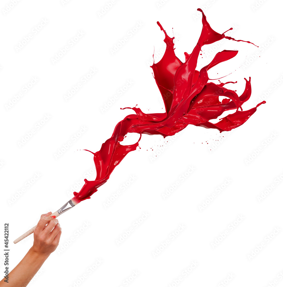 Red paints splashing out of brush. Isolated on white background