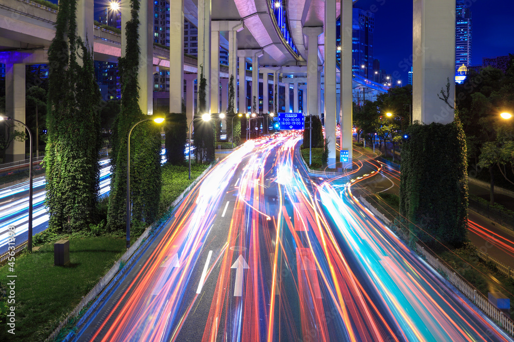 light trails under the elevated road