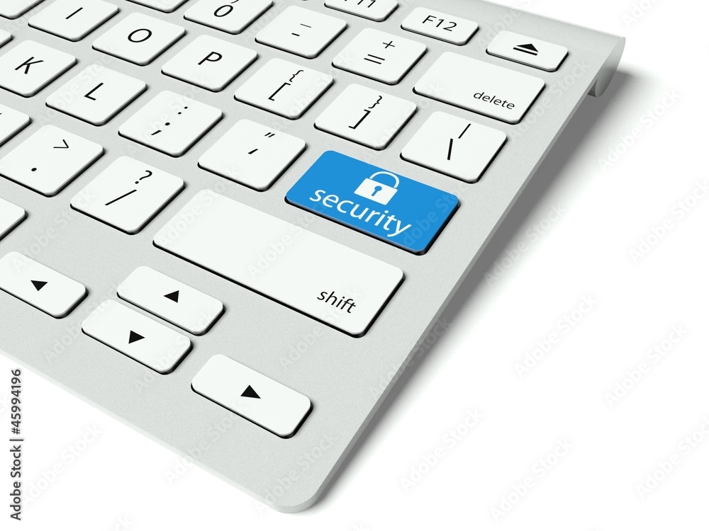 键盘和蓝色安全按钮，互联网概念