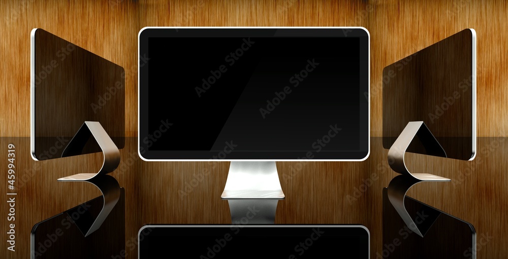 Desktop computer screens on wooden background, text space
